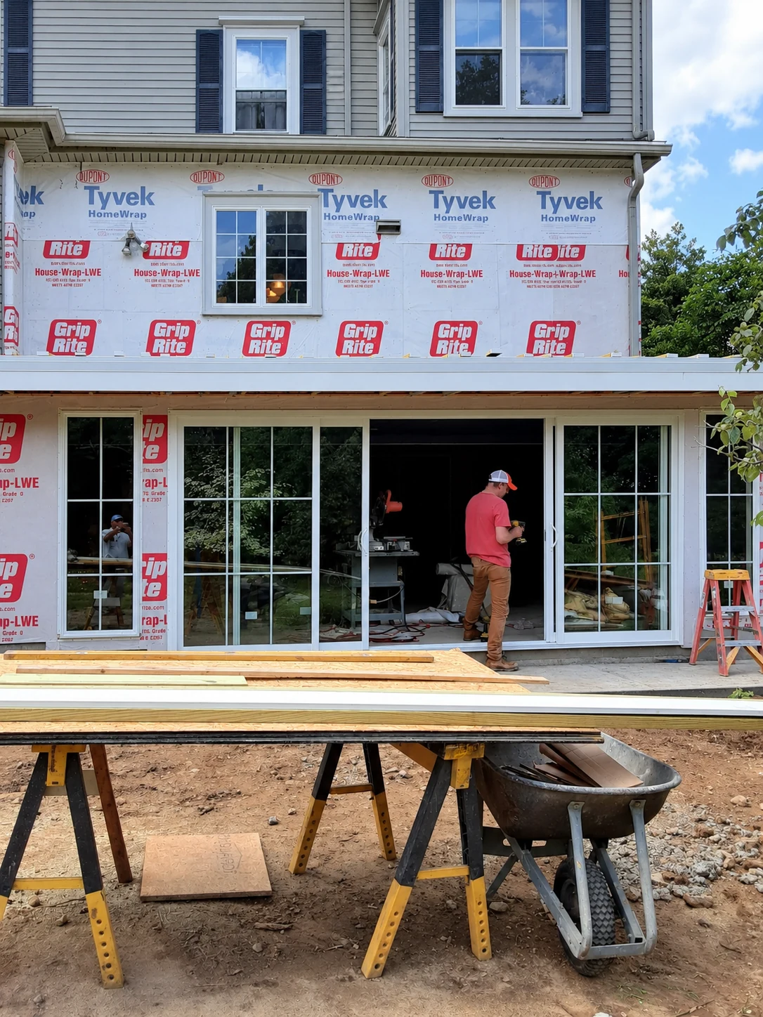 Installing the sliding patio door, Deck addition, West Warwick, RI