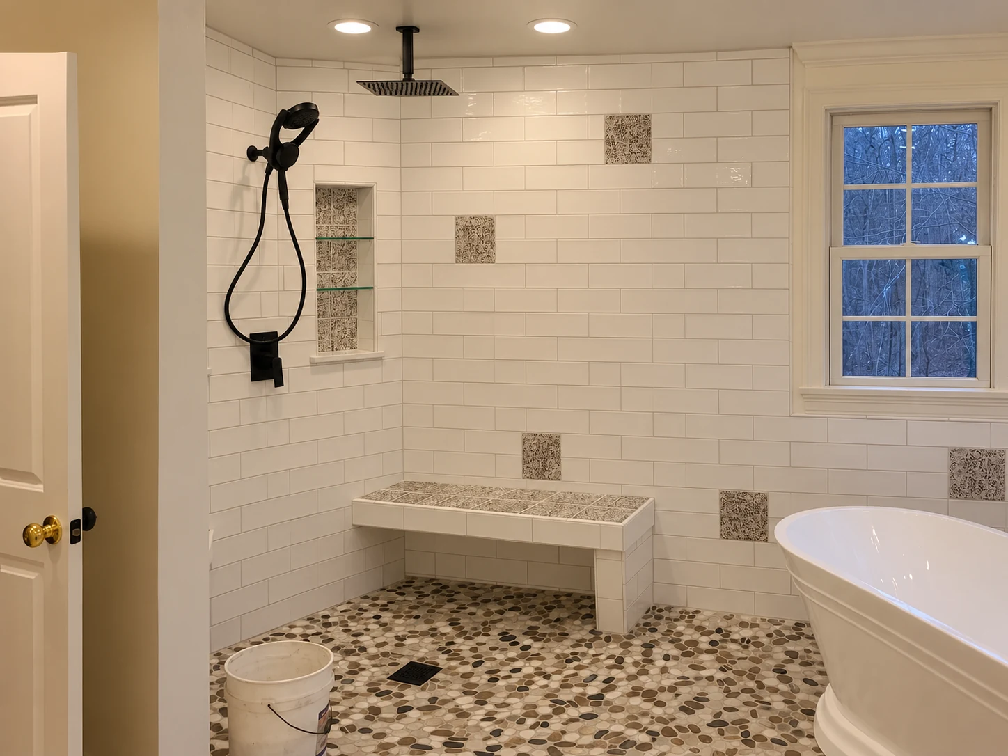 Open-entry shower with built-in bench, Bathroom remodel, East Greenwich, RI